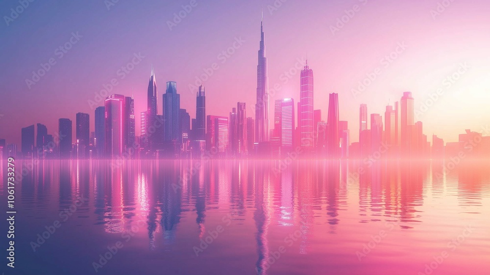Fototapeta premium A futuristic smart city skyline with soft neon lights reflected on the water set against soft pastel gradient sky