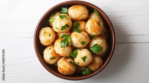 Brown Bowl of Plump Food Balls on White Table