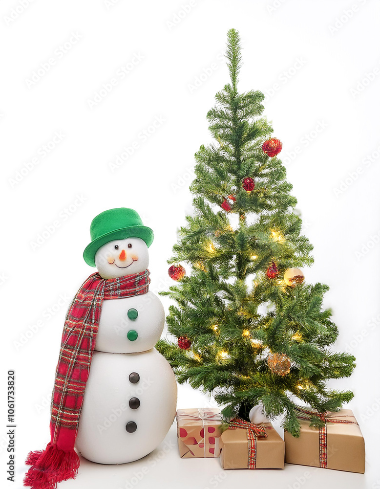 A snowman next to a Christmas tree decorated with Christmas ornaments background concept isolated white A snowman next to a Christmas tree decorated with Christmas ornaments background concept isolated white