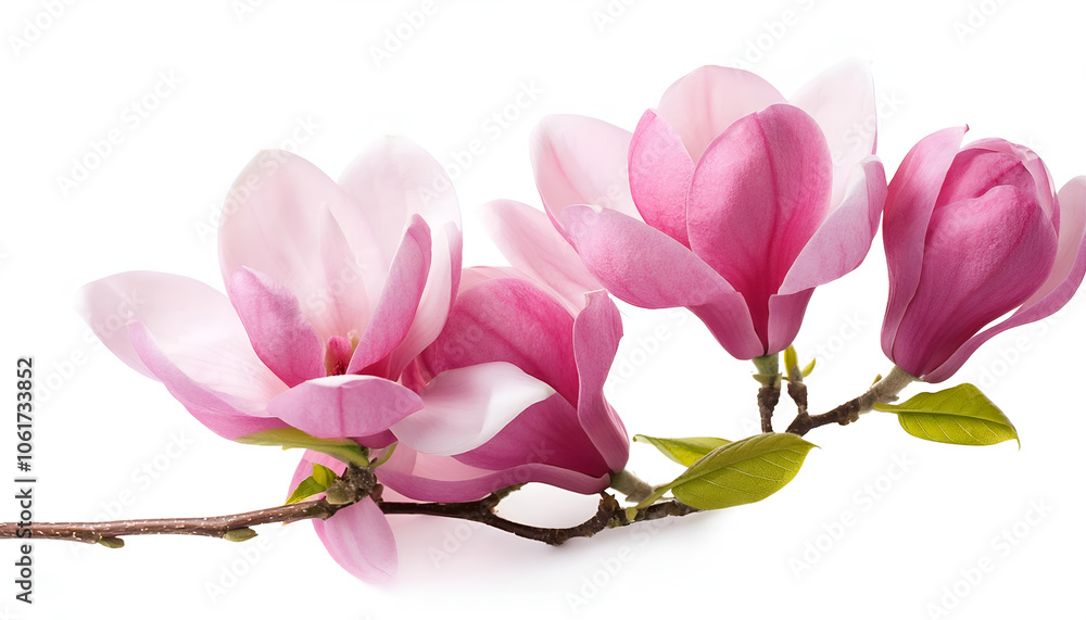 Obraz premium Close-up of delicate pink magnolia flowers on a branch against a white backdrop, showcasing natural elegance and blooming beauty