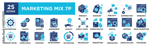 Marketing Mix 7P icon collection set. Containing design marketing, product, business, promotion, price	