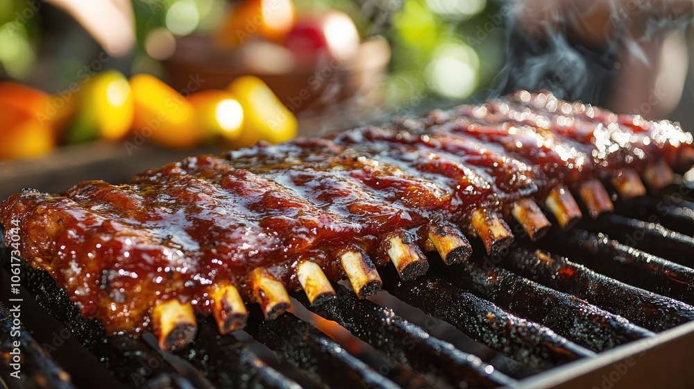 Vibrant Outdoor Barbecue Scene with Grilled Ribs Vibrant Outdoor Barbecue Scene with Grilled Ribs