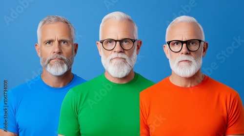 Three men with glasses and beards are standing in front of a blue background. They are wearing different colored shirts, with one in green, one in blue, and one in orange