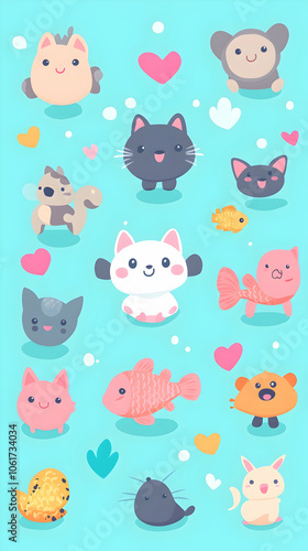 Cute cartoon animals and fish on a blue background.