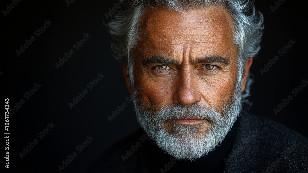 Man with a beard and gray hair is wearing a black jacket and a black sweater. He has a serious expression on his face Man with a beard and gray hair is wearing a black jacket and a black sweater. He has a serious expression on his face