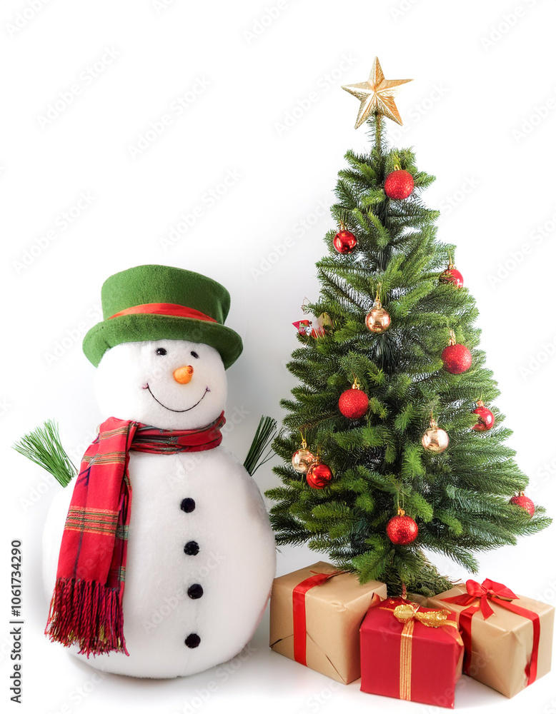 A snowman next to a Christmas tree decorated with Christmas ornaments background concept isolated white A snowman next to a Christmas tree decorated with Christmas ornaments background concept isolated white