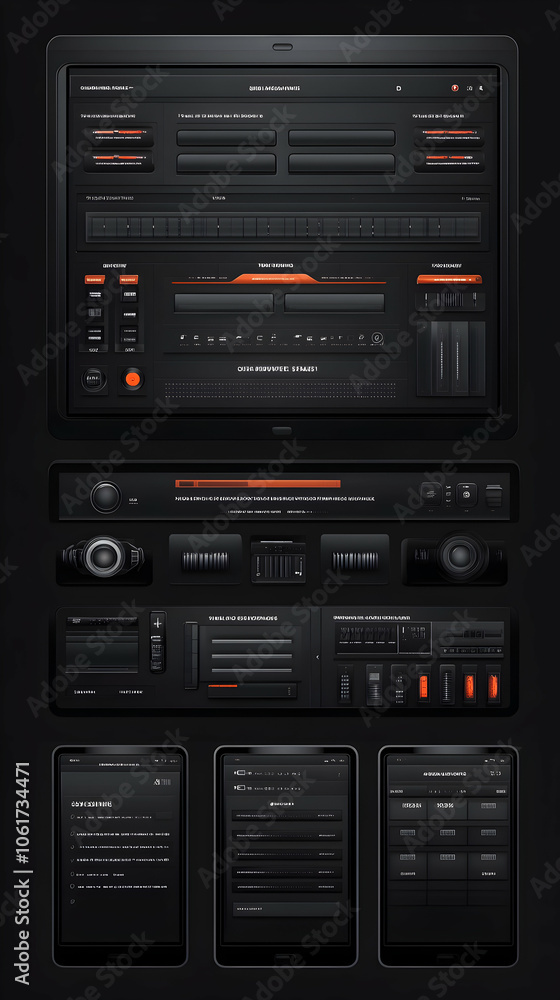 Futuristic user interface design with dark gray and orange color theme for technology, app, website, or game. Futuristic user interface design with dark gray and orange color theme for technology, app, website, or game.