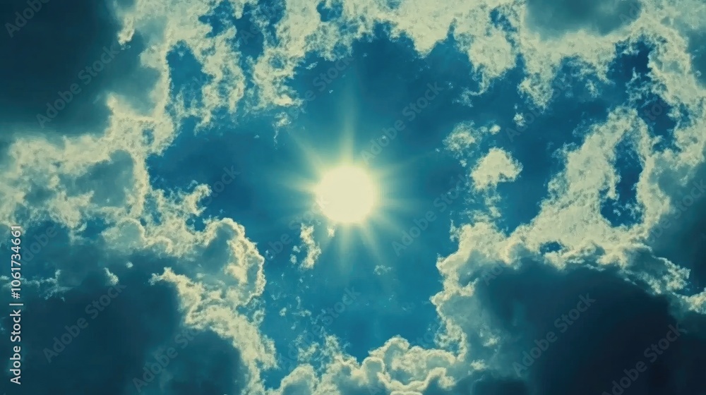Bright Sunlight Shining Through Clouds in Blue Sky Bright Sunlight Shining Through Clouds in Blue Sky