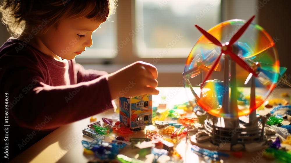 Fototapeta premium a child's hands assembling a small wind turbine, with colorful building blocks spread across a table.