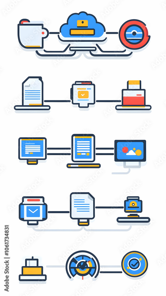 Illustration of a data flow diagram with various icons representing different steps in the process. Illustration of a data flow diagram with various icons representing different steps in the process.