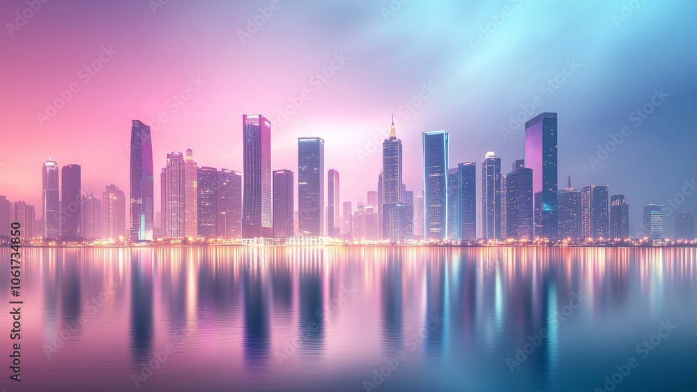 A futuristic smart city skyline with soft neon lights reflected on the water set against a soft pastel gradient sky A futuristic smart city skyline with soft neon lights reflected on the water set against a soft pastel gradient sky