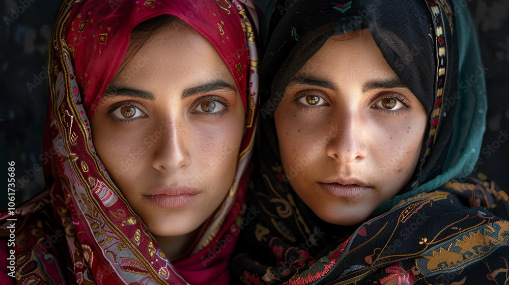 Two arab women wearing colorful scarves and headscarves Two arab women wearing colorful scarves and headscarves