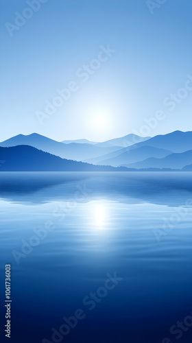 Serene landscape with a blue sky, sun, and mountains reflected in the water.