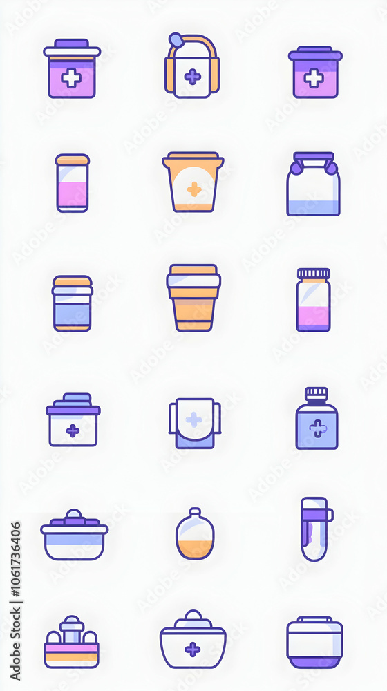Set of 18 colorful icons of various containers. Set of 18 colorful icons of various containers.