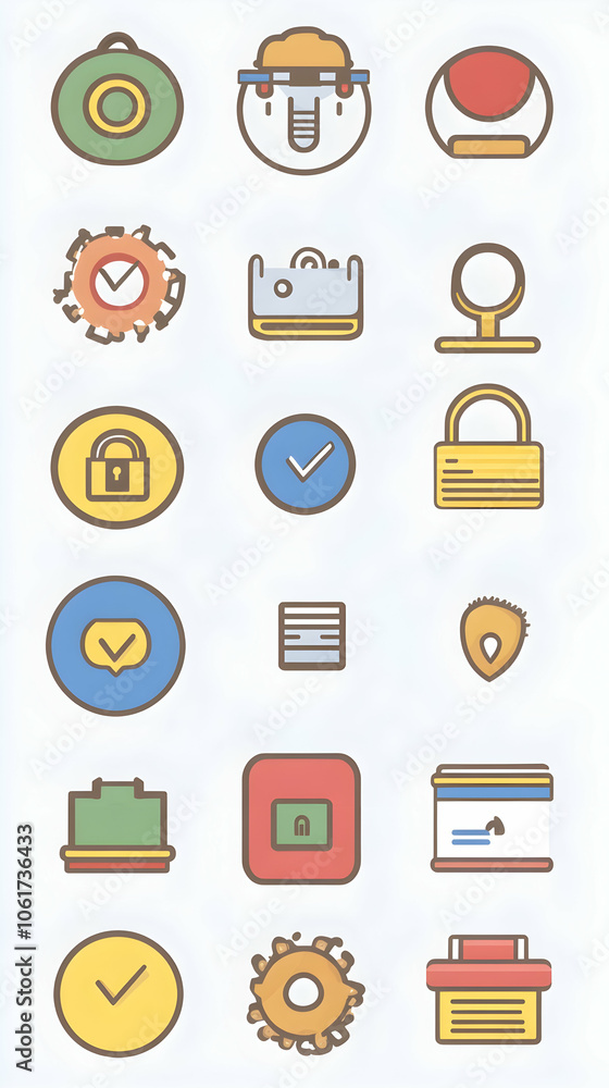 Set of 18 colorful icons on a light blue background. Set of 18 colorful icons on a light blue background.