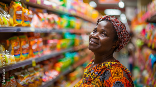 An african woman is smiling and standing in a grocery store aisle