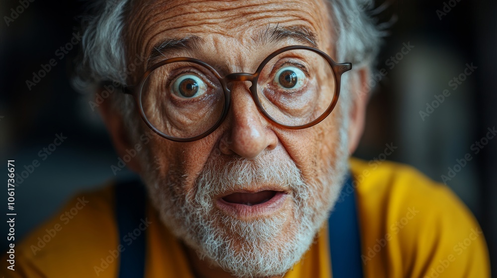 An older man with glasses and a surprised expression on his face. He is wearing a yellow shirt and blue suspenders An older man with glasses and a surprised expression on his face. He is wearing a yellow shirt and blue suspenders
