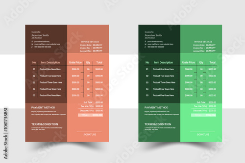Business invoice form template. Invoicing quotes, money bills or price invoices and payment agreement design templates. Tax form, bill graphic or payment receipt page vector set.two color invoice temp