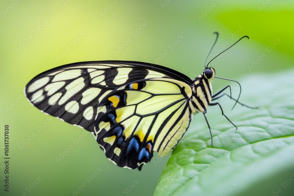 Fototapeta premium Butterfly resting on a green leaf, vibrant colors, nature close-up.