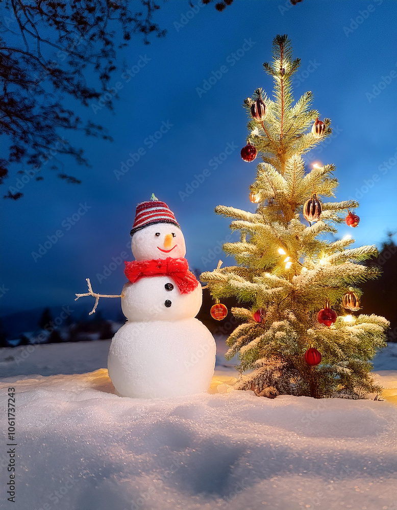 Obraz premium A snowman next to a Christmas tree decorated with Christmas ornaments isolated snow background