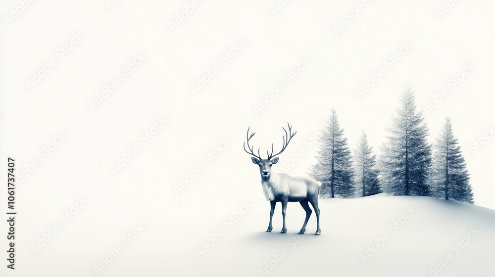 snowy winter landscape with a lone reindeer standing among pine trees, conveying the peacefulness of the season, isolated on a white background snowy winter landscape with a lone reindeer standing among pine trees, conveying the peacefulness of the season, isolated on a white background