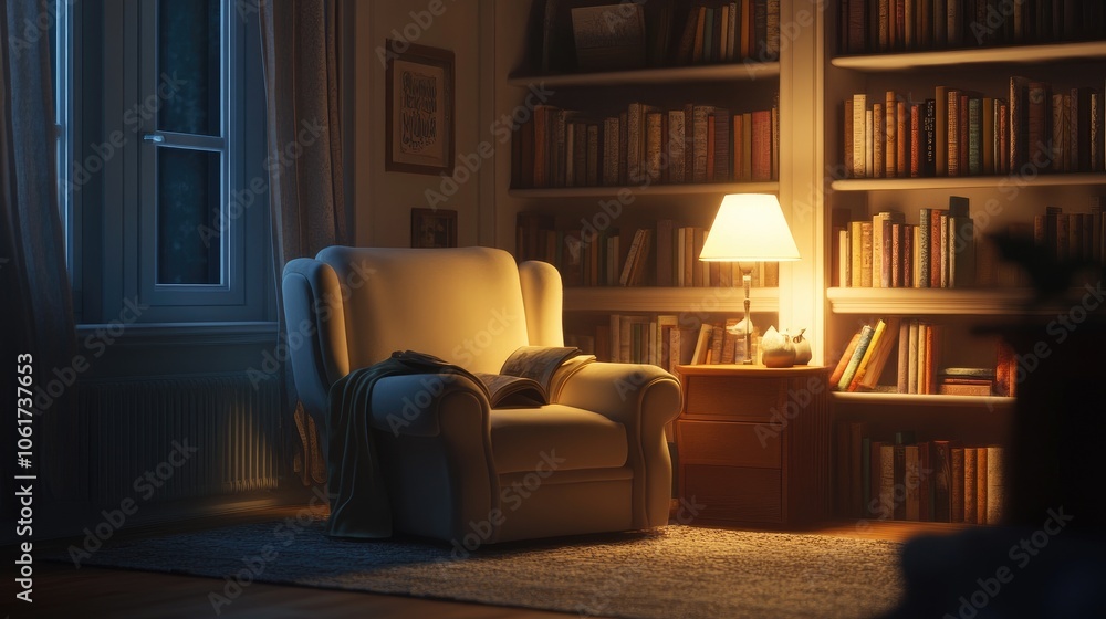 Cozy Reading Nook with Books and Soft Lighting Cozy Reading Nook with Books and Soft Lighting