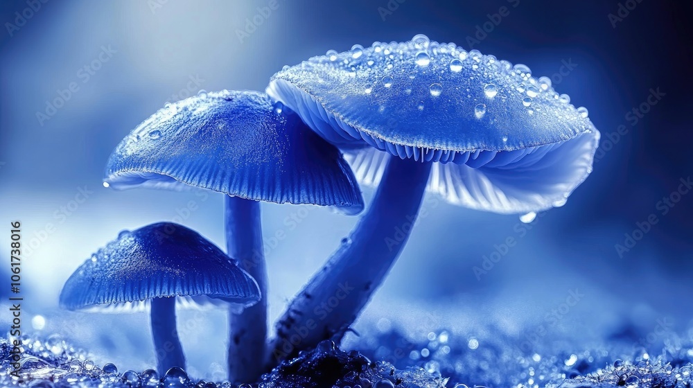 © วรรณภา มะโนศรี - Blue Mushrooms with Raindrops on a Foggy Background