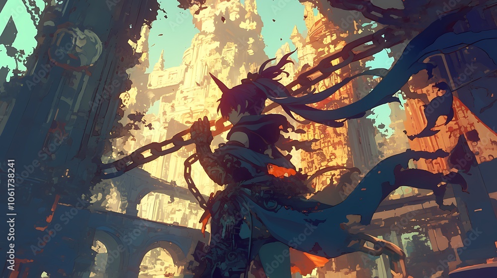 An evil and beautiful witch is imprisoned in chains in an ancient temple, with incredible magical powers, colorful anime style An evil and beautiful witch is imprisoned in chains in an ancient temple, with incredible magical powers, colorful anime style