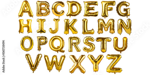 Golden balloon alphabet, gleaming font letter isolated helium, shimmering foil set text gold, celebratory decorative shiny, luxurious festive party