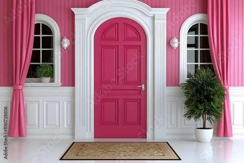 Photography backdrop, magenta and white room, front door, pink 3D curtain drapes luxuriously near the windows, patterned gold Persian rug on the white floor, plants in pots. 