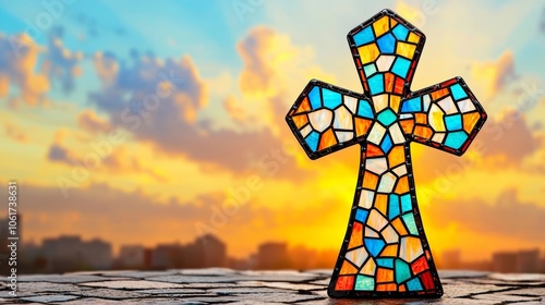 Stained Glass Cross Against a Sunset Sky