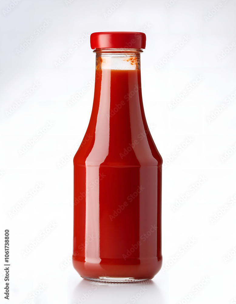 A clear glass bottle filled with red tomato ketchup, isolated on a white background. Ideal for culinary and food-related themes A clear glass bottle filled with red tomato ketchup, isolated on a white background. Ideal for culinary and food-related themes
