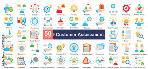 Customer Assessment icon collection set. Containing Integrity, Listening, Gratitude, Solution, Attentiveness, Innovation, Empathy, Gift, Timeline icon. Simple flat illustration.