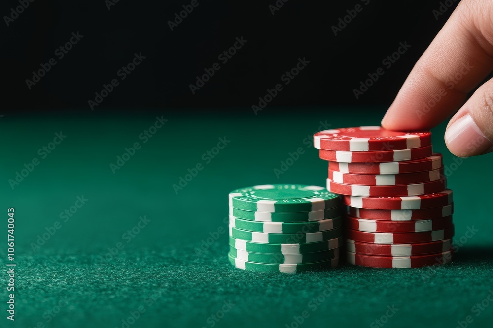 Stack of colorful poker chips on a green felt table with a hand reaching for chips. Stack of colorful poker chips on a green felt table with a hand reaching for chips.