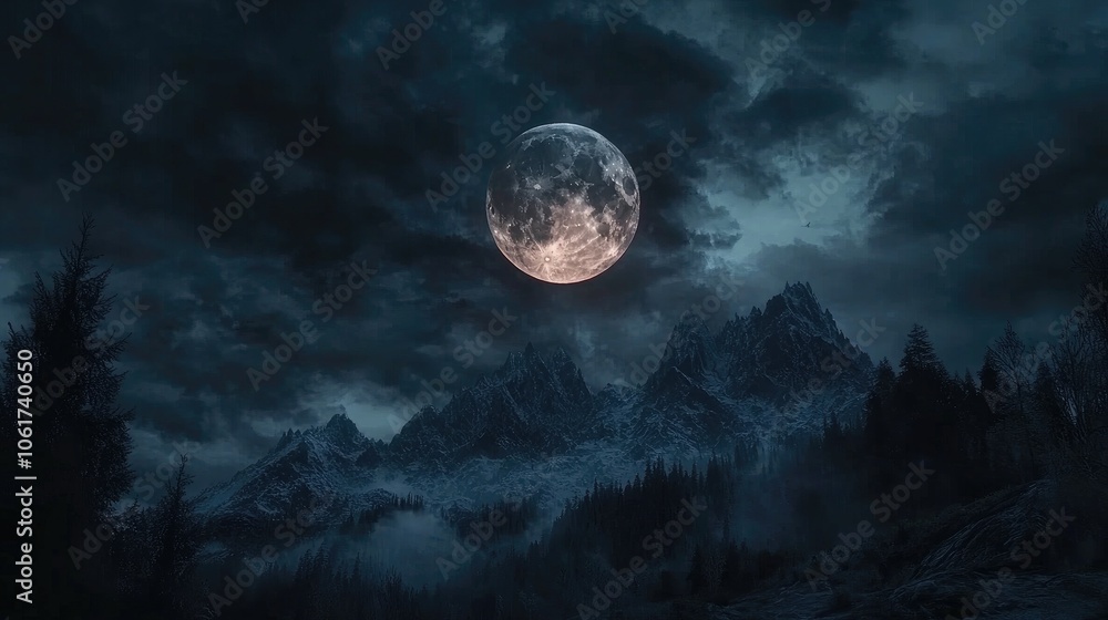 Naklejka premium Enchanted Night Sky with Full Moon Over Mountains