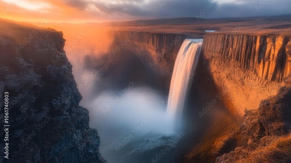 Fototapeta premium A majestic waterfall tumbles over a cliff into a misty pool below, captured during golden hour with no people in sight.