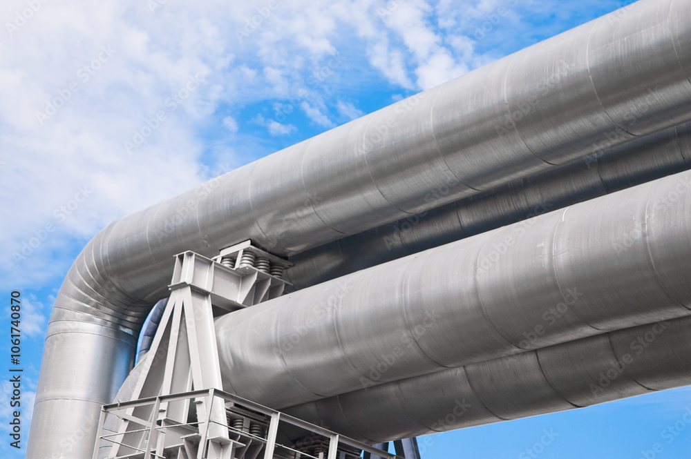 The photo shows pipeline lines against the backdrop of blue sky and clouds The photo shows pipeline lines against the backdrop of blue sky and clouds