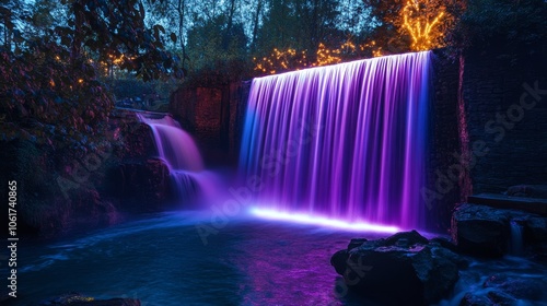 A waterfall illuminated by soft neon lights in early evening, blending natural beauty with a surreal atmosphere.