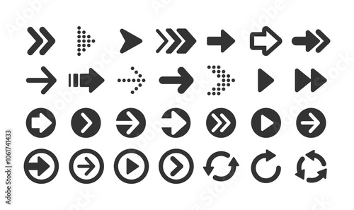 Set of black arrow icons. Various packaging symbols. Motion pointers. Site and player control buttons. Flat style logos. Information pointers. Wayfinding directions. Modern simple vector arrows.