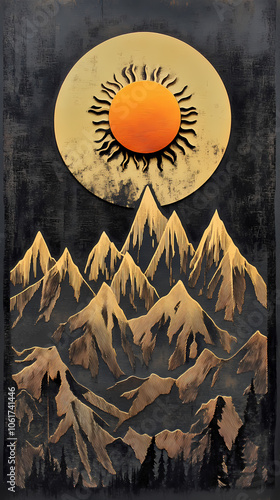 A Kurdish-style sun peeks over the Sawtooth mountains in this letterpress laser cut background