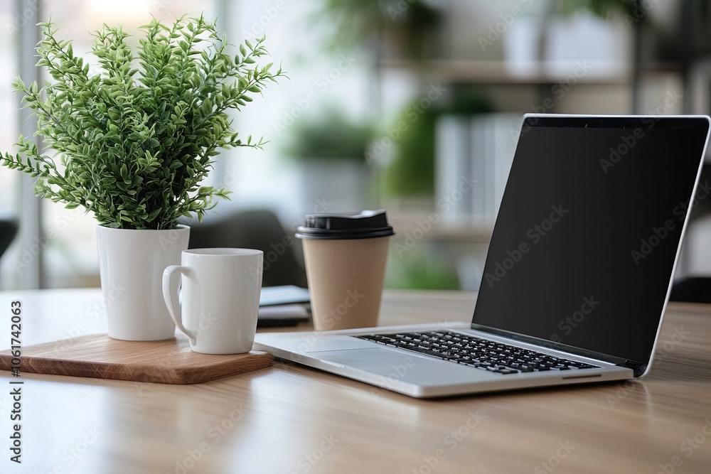 A Cozy Workspace Featuring a Laptop, Coffee Cups, and a Plant on a Wooden Table in a Bright, Modern Office A Cozy Workspace Featuring a Laptop, Coffee Cups, and a Plant on a Wooden Table in a Bright, Modern Office