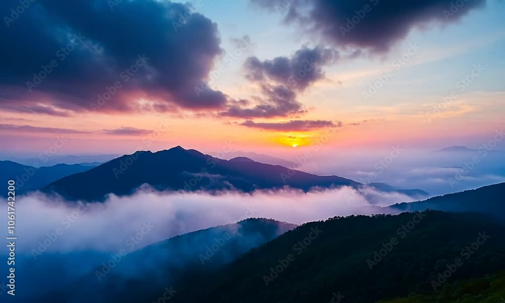 Majestic mountain ranges with fog and sunset. Majestic mountain ranges with fog and sunset.