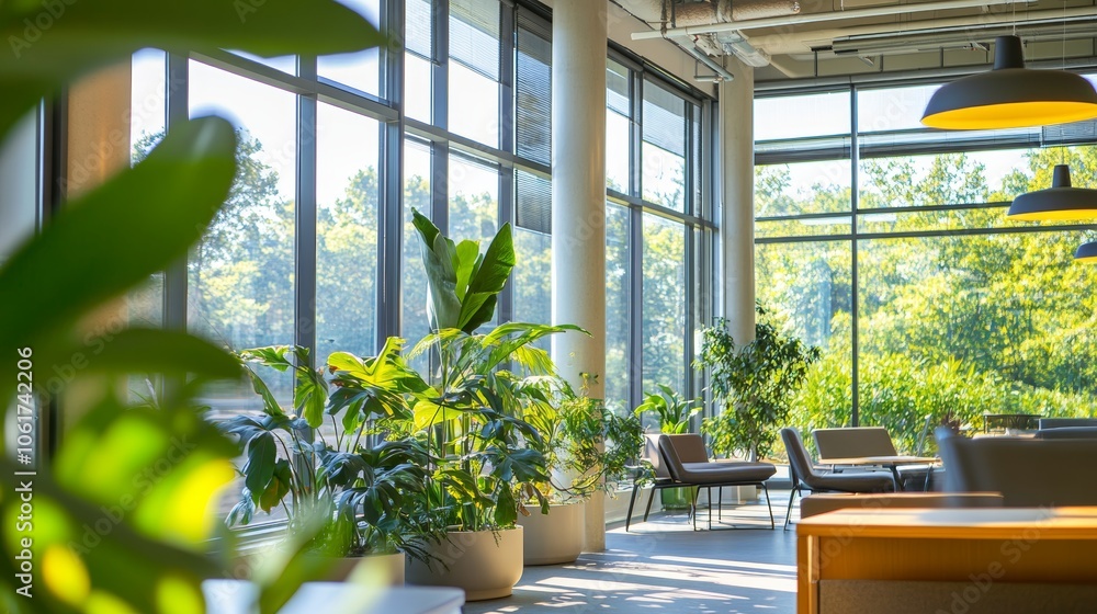 Eco-friendly office filled with plants and natural light from energy-efficient windows, creating a modern, clean atmosphere with a warm ambiance. Eco-friendly office filled with plants and natural light from energy-efficient windows, creating a modern, clean atmosphere with a warm ambiance.