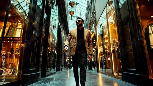 Full body shot of stylish hipster with beard and sunglasses confidently walking through luxury golden mall corridor, while shopping