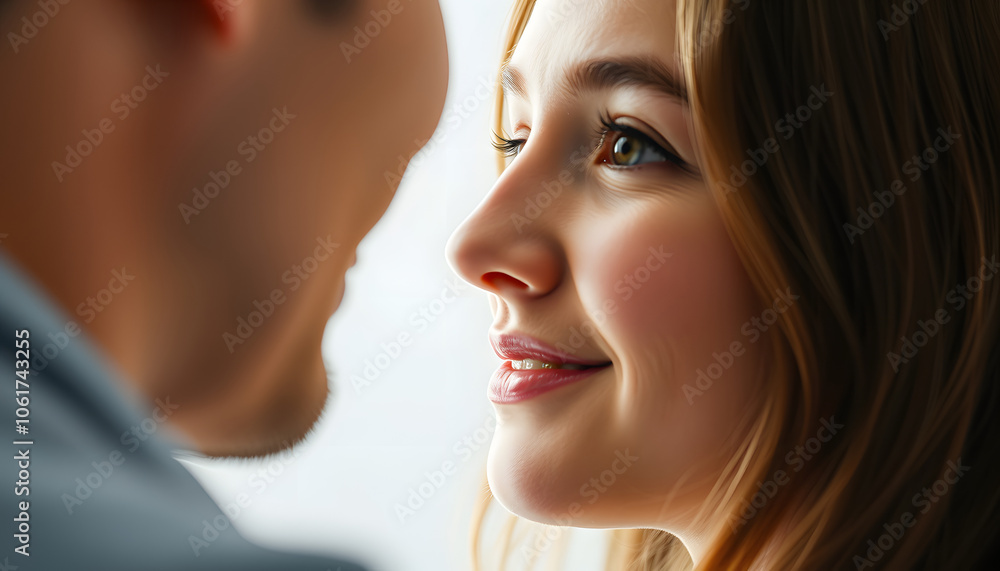 Close up focus on female face. Young girl is looking at man with true love and care. She is enjoying his company isolated with white highlights, png Close up focus on female face. Young girl is looking at man with true love and care. She is enjoying his company isolated with white highlights, png