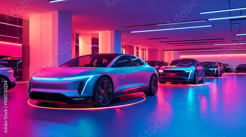 Futuristic electric car showroom bathed in vibrant RGB lights, showcasing modern electric vehicles with dynamic, glowing effects.