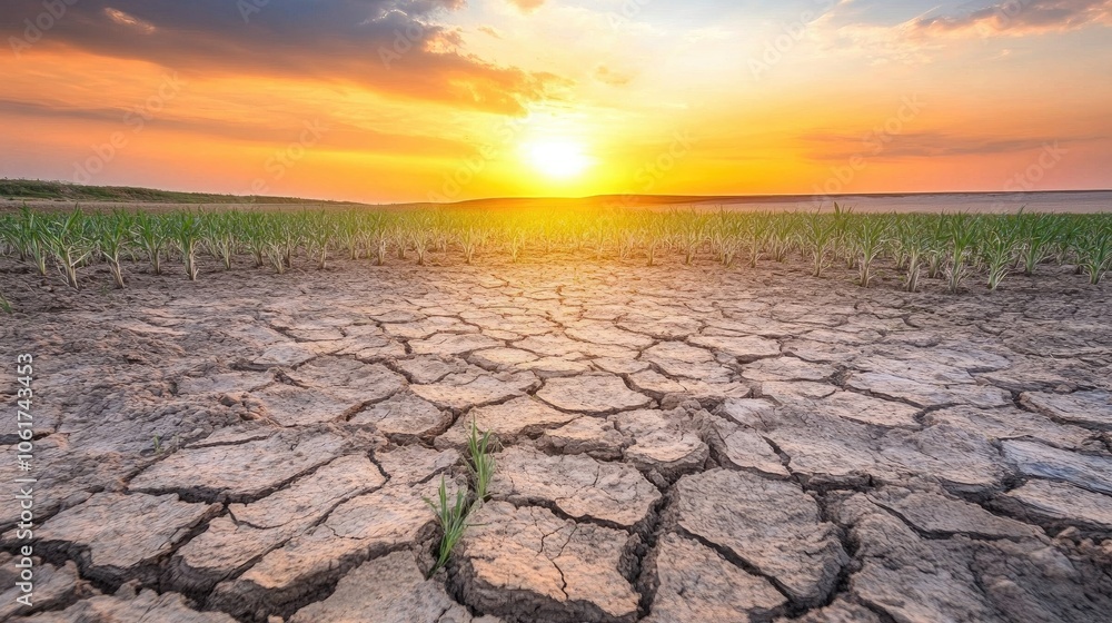 Drought Affects Landscape at Sunset with Cracked Soil Drought Affects Landscape at Sunset with Cracked Soil
