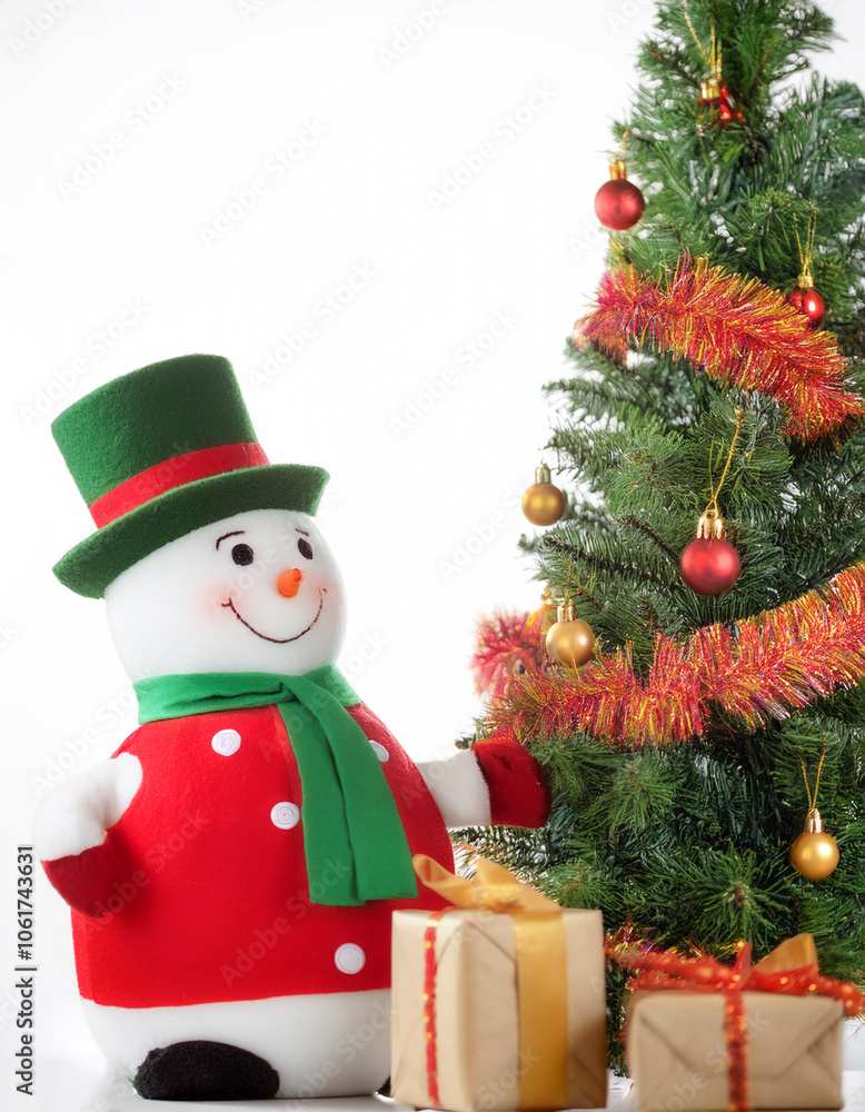 A snowman next to a Christmas tree decorated with Christmas ornaments background concept isolated white A snowman next to a Christmas tree decorated with Christmas ornaments background concept isolated white
