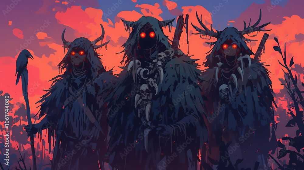 trio of scary shamans in a foggy swamp forest, their eyes glowing mysteriously in the dark with masks and horns, colorful anime style trio of scary shamans in a foggy swamp forest, their eyes glowing mysteriously in the dark with masks and horns, colorful anime style
