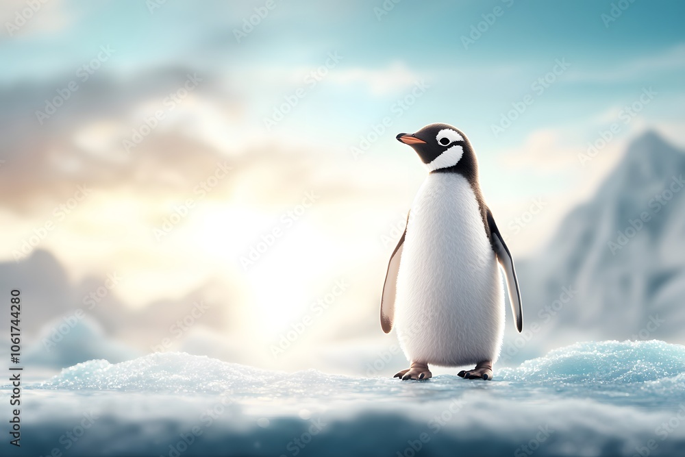 Naklejka premium Gentle Penguin Standing on Ice at Dawn